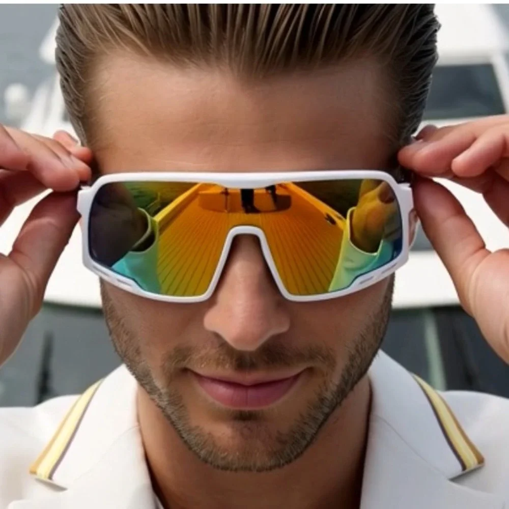 Sport Sunglasses Shield Orange Fire Mirrored Lens Glasses Men Street Wear Trendy